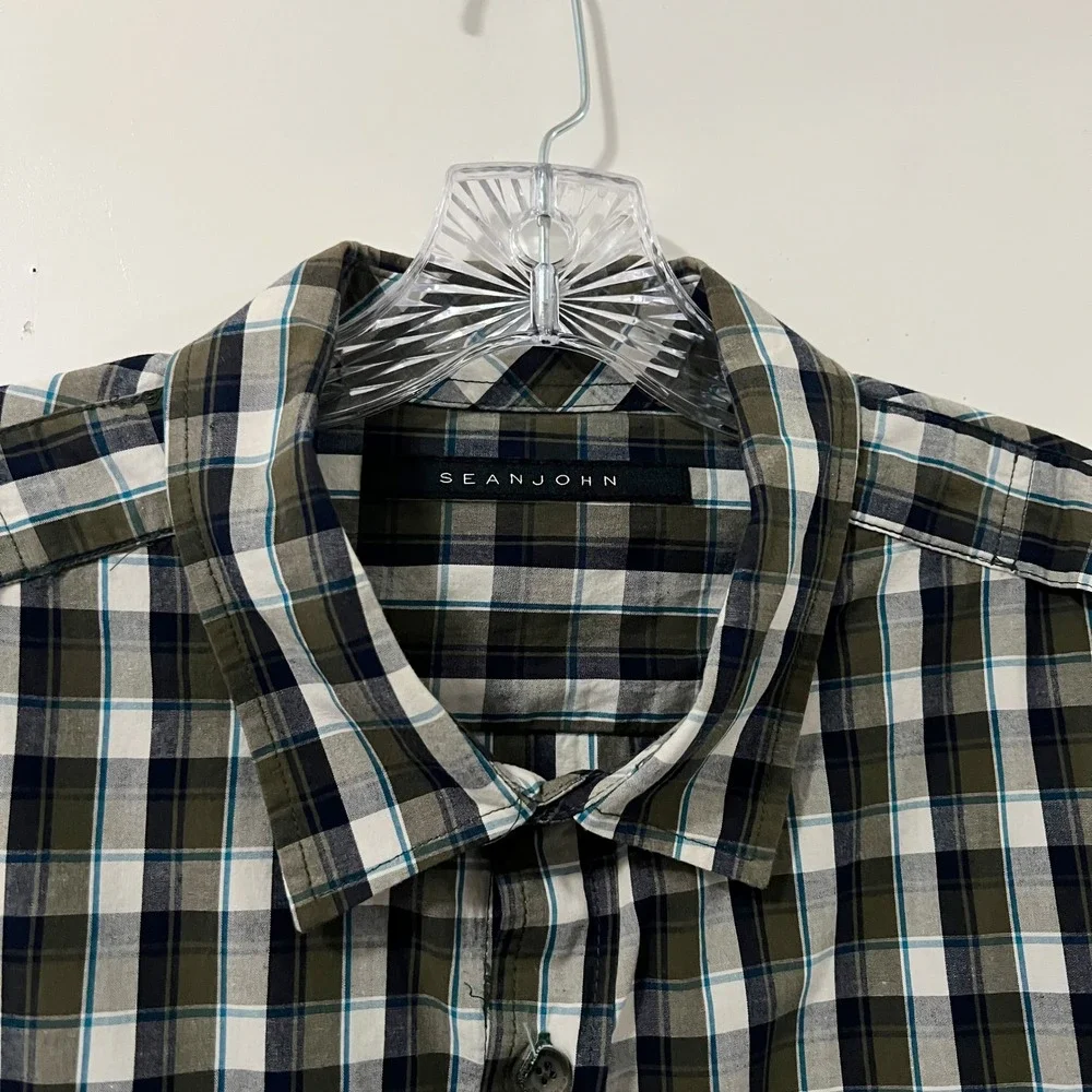 Sean‎ John Mens Plaid Short Sleeve Button Up Shirt Green Blue White Size 3X
